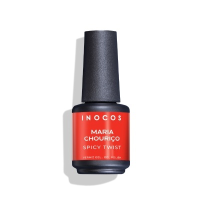 Frasco de verniz gel para unhas INOCOS com etiqueta vermelha e tampa preta