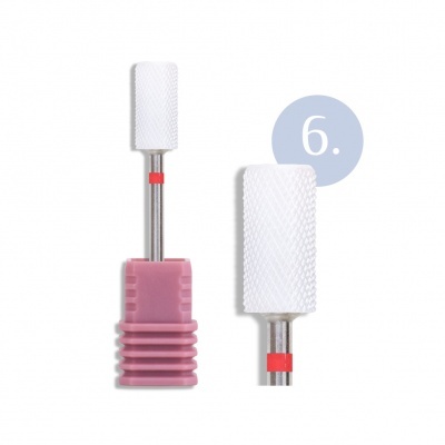 Brocas cilíndricas brancas de cerâmica para manicure com suporte rosa e anel vermelho