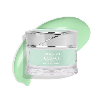 Gel para unhas INOCOS COLORGEL cor MENTA em frasco transparente com tampa prateada