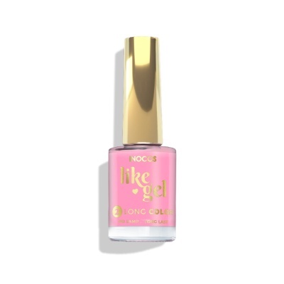 Esmalte de unhas rosa em frasco de vidro com tampa dourada e rótulo dourado