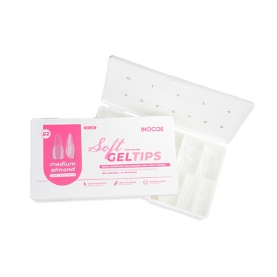 Caixa de pontas de gel para unhas INOCOS soft GELTIPS em formato amêndoa médio
