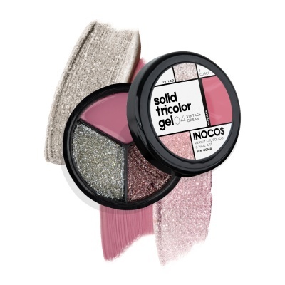 Gel tricolor para unhas INOCOS em embalagem redonda preta e transparente com três cores e swatches