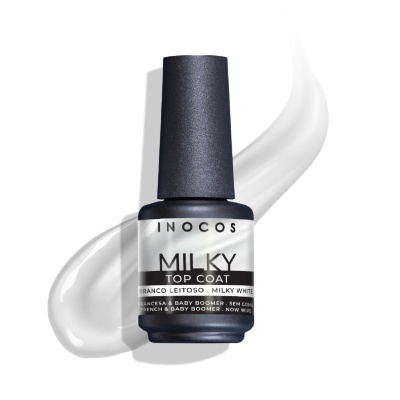 Verniz de unhas Inocos Milky Top Coat branco leitosa com aplicação ao fundo