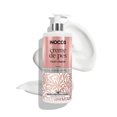 Frasco de creme de pés INOCOS com doseador e rótulo rosa com desenho de folhas