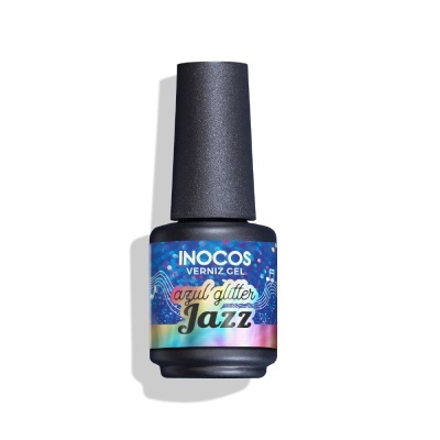 Frasco de verniz gel INOCOS azul glitter com tampa preta