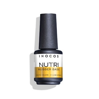 Frasco preto fosco de verniz de unhas Inocos com rótulo branco e amarelo