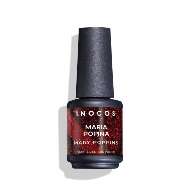 Frasco de verniz gel vermelho brilhante com tampa preta e texto branco INOCOS MARIA POPINA