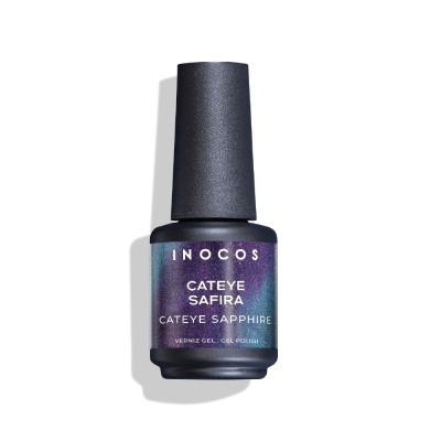 Frasco de verniz gel INOCOS Cateye Safira com tampa preta e rótulo roxo brilhante