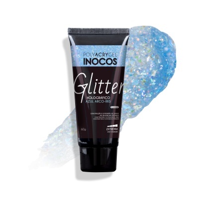 Gel para unhas glitter azul holográfico em bisnaga preta