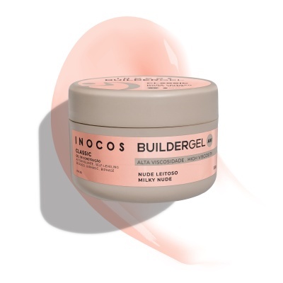 Frasco bege com rótulo cor de pêssego do gel de construção INOCOS BUILDERGEL AV