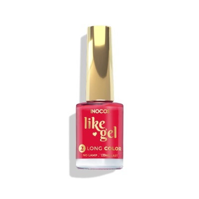 Frasco de verniz de unhas vermelho 'like gel' da Inocos com tampa dourada