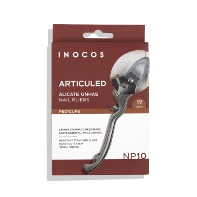 Alicate para unhas Inocos Articulated NP10 em embalagem castanha e branca