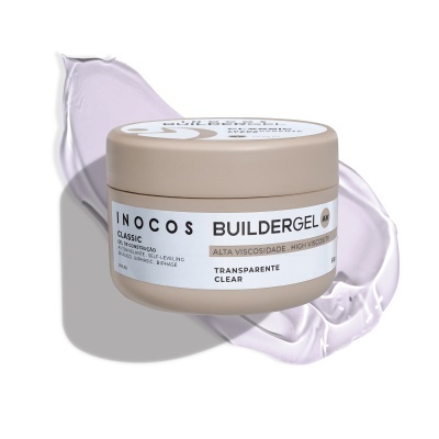 Frasco de gel de construção para unhas INOCOS Buildergel AV com gel lilás ao fundo
