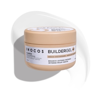 Embalagem de gel de construção para unhas em plástico bege com rótulo branco