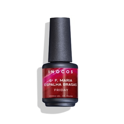 Frasco preto fosco de verniz gel com rótulo vermelho e rosa