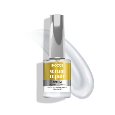 Frasco de serum revitalizante Inocos serum repair com tampa prateada e rótulo amarelo e branco