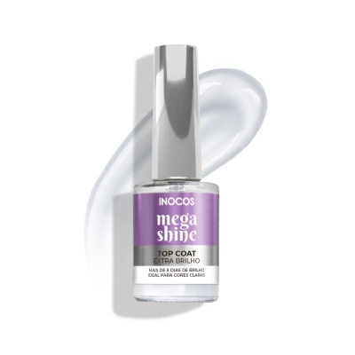Verniz Inocos Mega Shine Top Coat Extra Brilho num frasco com tampa prateada