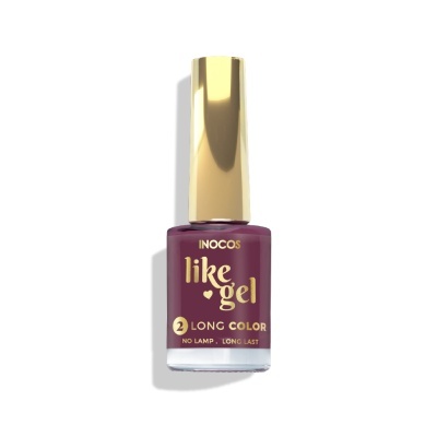 Frasco de verniz de unhas vinho com tampa dourada e texto INOCOS like gel 2