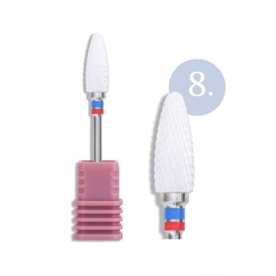 Broca de cerâmica branca para unhas com base rosa e detalhes em azul e vermelho