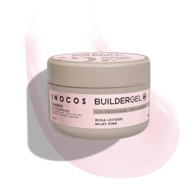Frasco bege de plástico com rótulo rosa de gel para construção de unhas