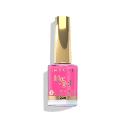 Frasco de verniz de unhas rosa com tampa dourada.
