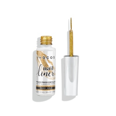 Frasco branco de nail liner Inocos e pincel com líquido dourado brilhante