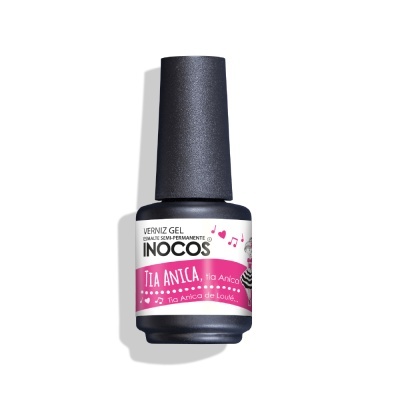 Frasco de verniz gel INOCOS cor rosa e preto com texto TIA ANICA