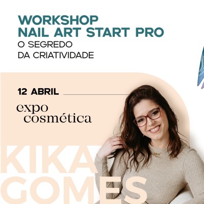 Cartaz workshop Nail Art Start Pro com mulher sorridente de óculos e suéter bege
