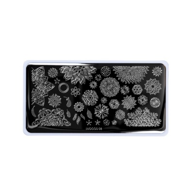 Prancha de carimbo para unhas com vários desenhos detalhados em branco sobre fundo preto