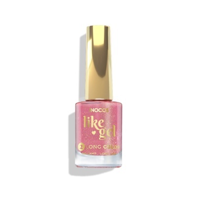 Verniz de unhas rosa com brilho dourado e tampa dourada com texto INOCO