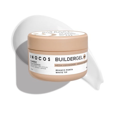 Envase bege de gel de construção para unhas com rótulo branco e texto em preto