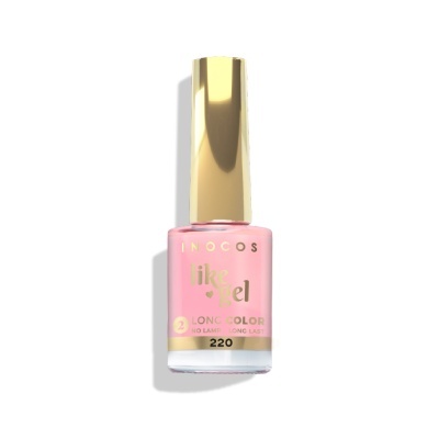 Verniz de unhas rosa com tampa dourada e texto 'like gel', 'LONG COLOR', número 220