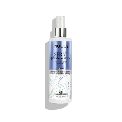 Frasco de spray pós depilatório INOCOS com rótulo azul e branco