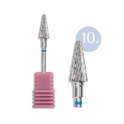 Broca metálica para unhas com suporte rosa e marcação azul sobre fundo branco.