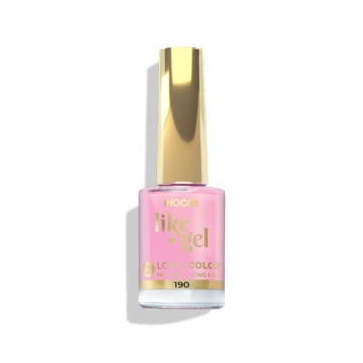 Verniz de unhas rosa claro NOC com tampa dourada e texto dourado em fundo branco