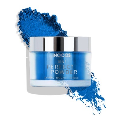 Pó acrílico azul para unhas INOCOS 3IN1 PERFECT POWDER com embalagem de vidro e tampa prateada
