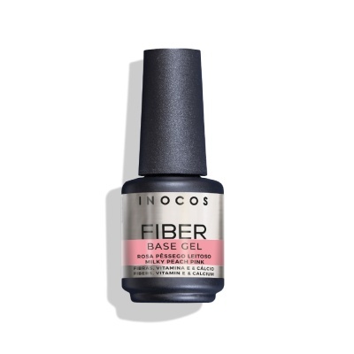 Frasco preto de gel base para unhas com rótulo cinza e rosa