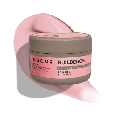 Frasco rosa nude de gel de construção em creme com tampa cinzenta e rótulo cor-de-rosa