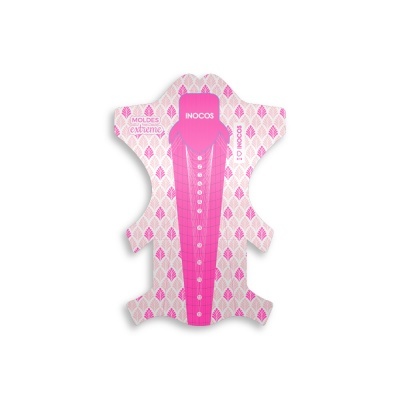 Forma para unhas rosa e branca com texto INOCOS e padrão de folhas