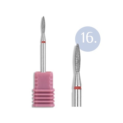 Broca diamantada para manicure com base rosa e anel vermelho, número 16 ao fundo
