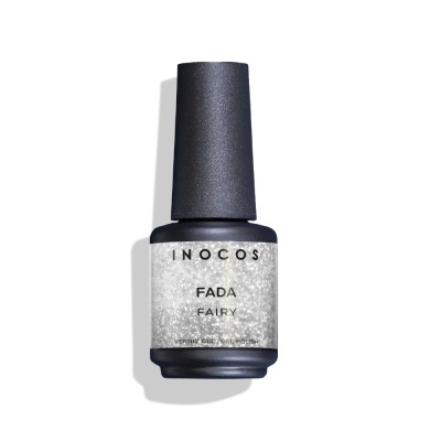 Frasco de verniz gel INOCOS FADA FAIRY glitter prateado com tampa preta
