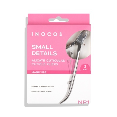 Embalagem de alicate de cutículas INOCOS com detalhes em rosa e branco