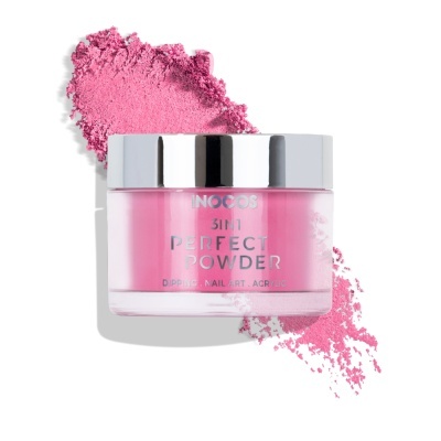 Pó rosa para unhas INOCOS 3IN1 PERFECT POWDER em embalagem transparente com tampa prateada