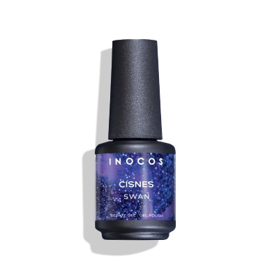 Frasco de verniz gel azul com glitter da INOCOS com tampa preta