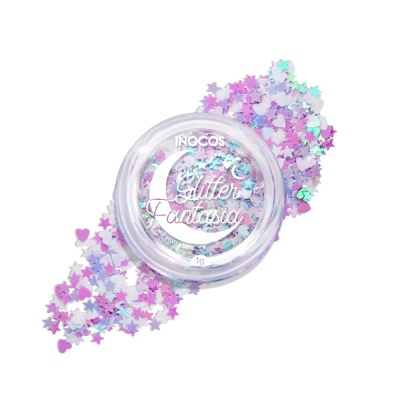 Frasco de glitter decorativo colorido com texto na tampa