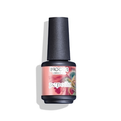 Frasco de verniz gel rosa com tampa preta e rótulo floral INOCOS