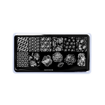 Placa preta para carimbos de unhas com desenhos de flores e padrões brancos