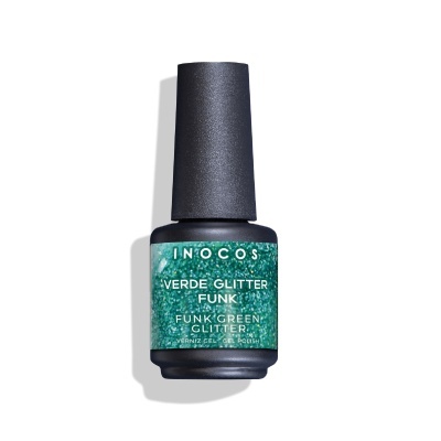 Frasco de verniz gel verde glitter com tampa preta