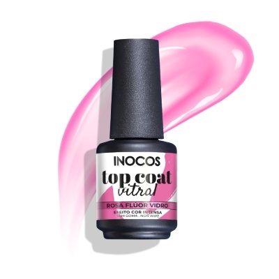 Frasco de verniz para unhas rosa flúor INOCOS top coat vitral com tampa preta