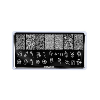 Placa metálica preta para carimbos de unhas com desenhos em branco e inscrição INOCOS 09